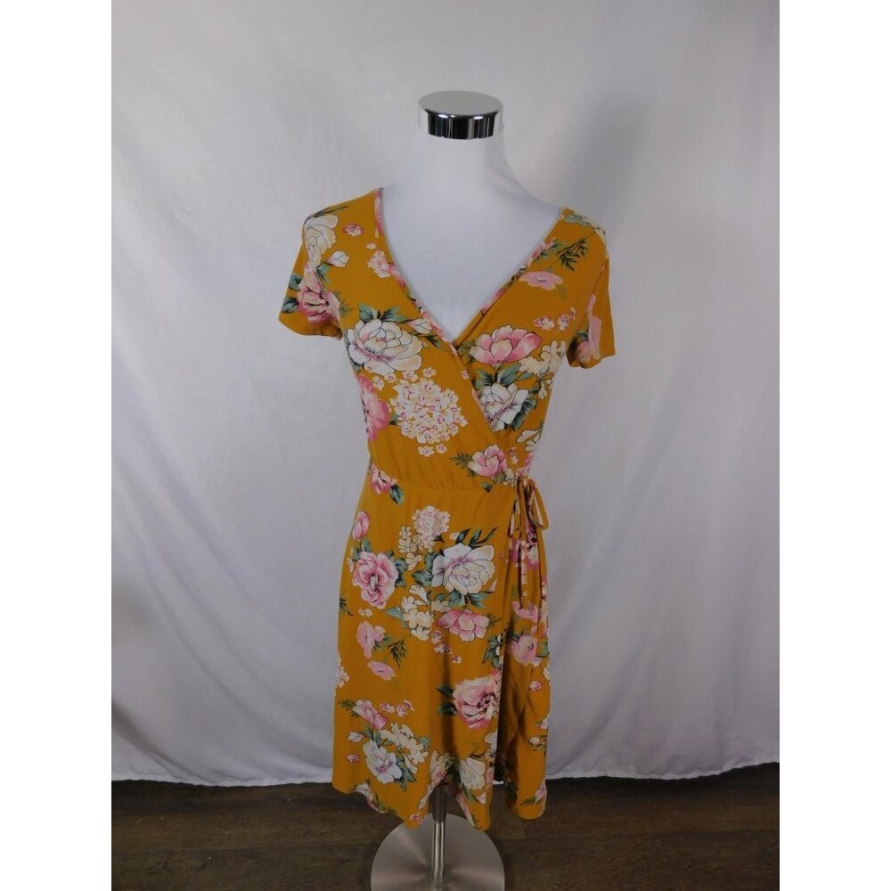 Derek Heart Dress Womens Small Yellow Floral Wrap Tie Belted Short Sleeve V-Neck